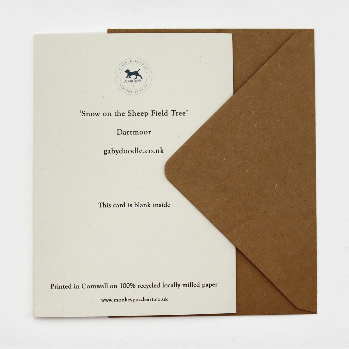 Back of Snow on the Sheep Field Tree Dartmoor Christmas card, blank inside, with Gaby Doodle logo and kraft envelope