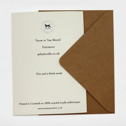 Back of Snow at Taw Marsh Dartmoor Christmas card, blank inside, with Gaby Doodle logo and kraft envelope