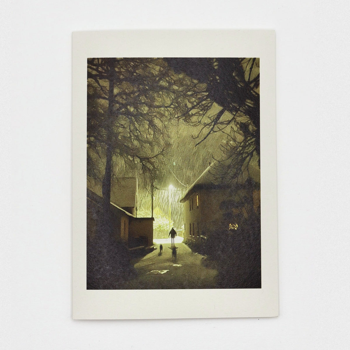 Sticklepath Snow Christmas card showing heavy snow falling at night under a street lamp, a figure and two dogs in the lane