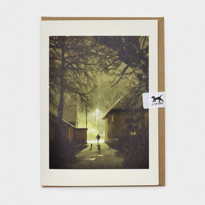 Sticklepath Snow Dartmoor Christmas card on a kraft envelope with Gaby Doodle dog seal