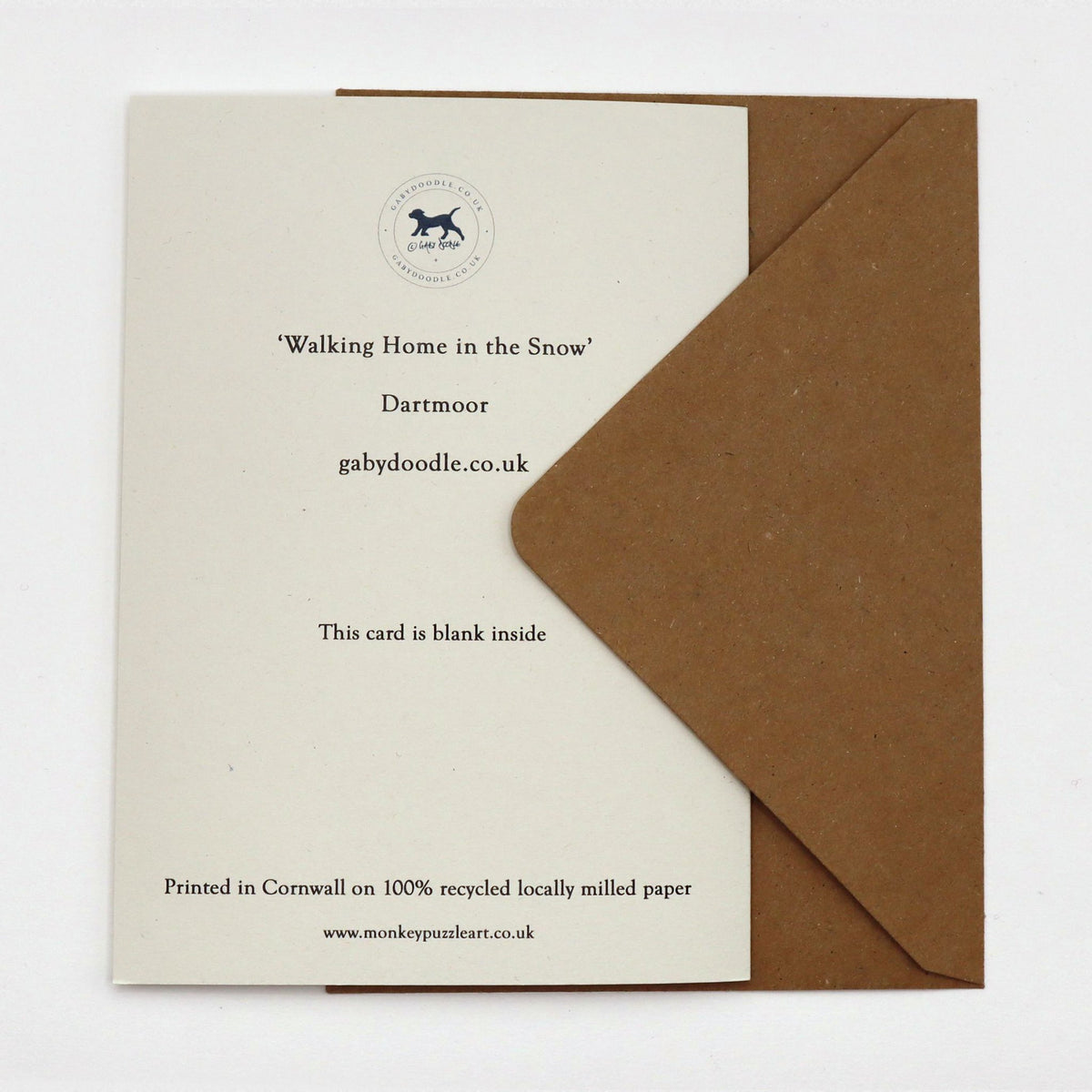 Back of Walking Home in the Snow Dartmoor Christmas card, blank inside, with Gaby Doodle logo and kraft envelope
