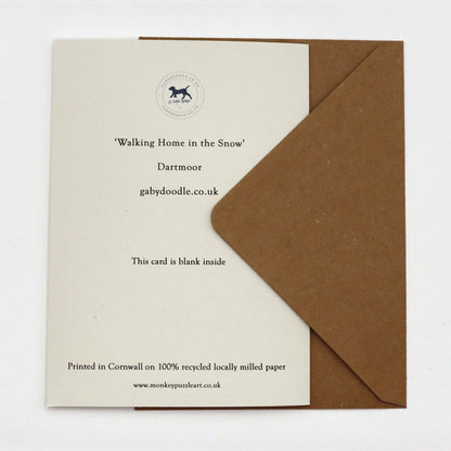 Back of Walking Home in the Snow Dartmoor Christmas card, blank inside, with Gaby Doodle logo and kraft envelope