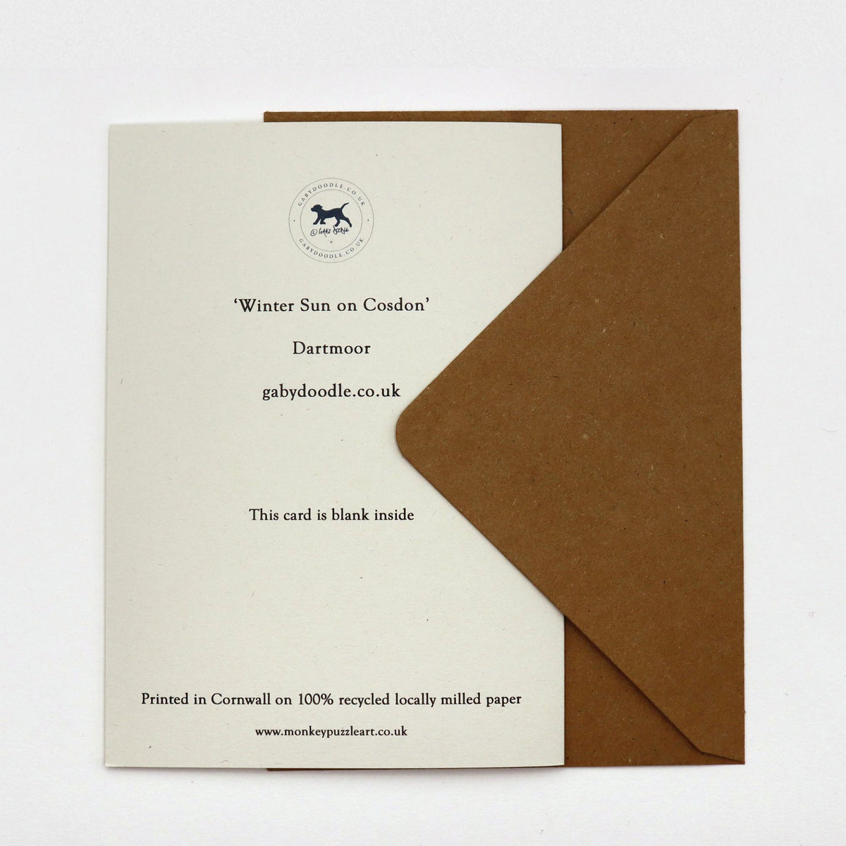Back of Winter Sun on Cosdon Dartmoor Christmas card, blank inside, with Gaby Doodle logo and kraft envelope