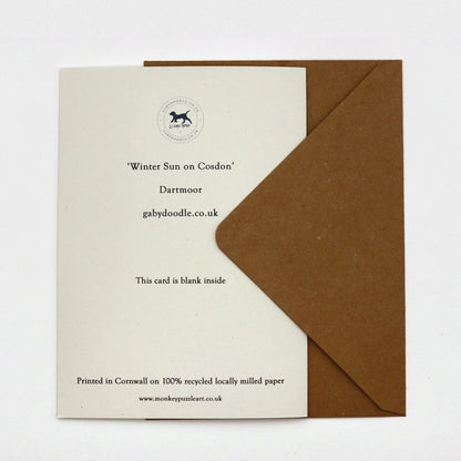 Back of Winter Sun on Cosdon Dartmoor Christmas card, blank inside, with Gaby Doodle logo and kraft envelope