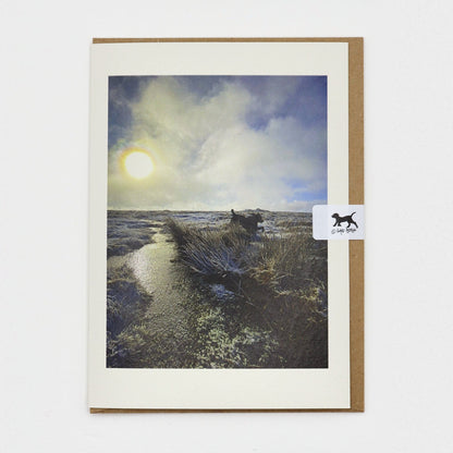 Winter Sun on Cosdon Dartmoor Christmas card on a kraft envelope with Gaby Doodle dog seal